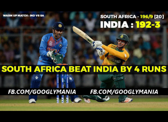 South Africa beat India by 4 runs in World T20 warm up match