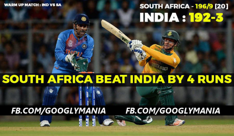 South Africa beat India by 4 runs in World T20 warm up match